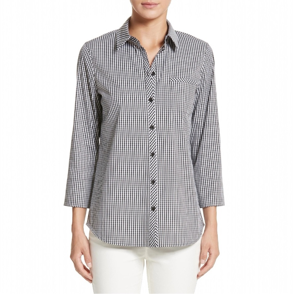 LAFAYETTE 148 Paget Ithaca Gingham Mini-Check Shirt Blouse Black White